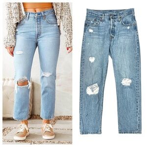 Levi's 501 Original High Rise Button Fly Distressed Rigid Crop Denim Jeans